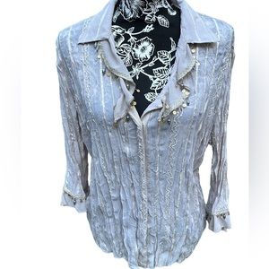 Agora size XL ivory embellished snap front semi sheer pleated button down